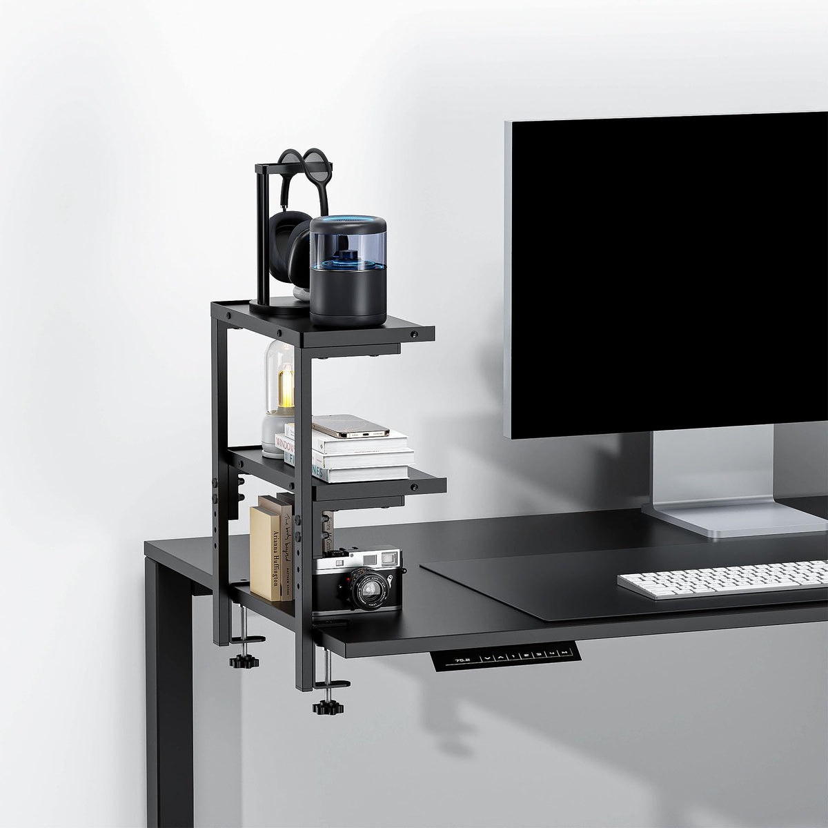 Spacrea clamp on Desk Shelf, 2 Tier Office Desk Shelves Organizer, Wood Desktop Supplies Storage Rack, Desk Organizers and Accessories (Black)