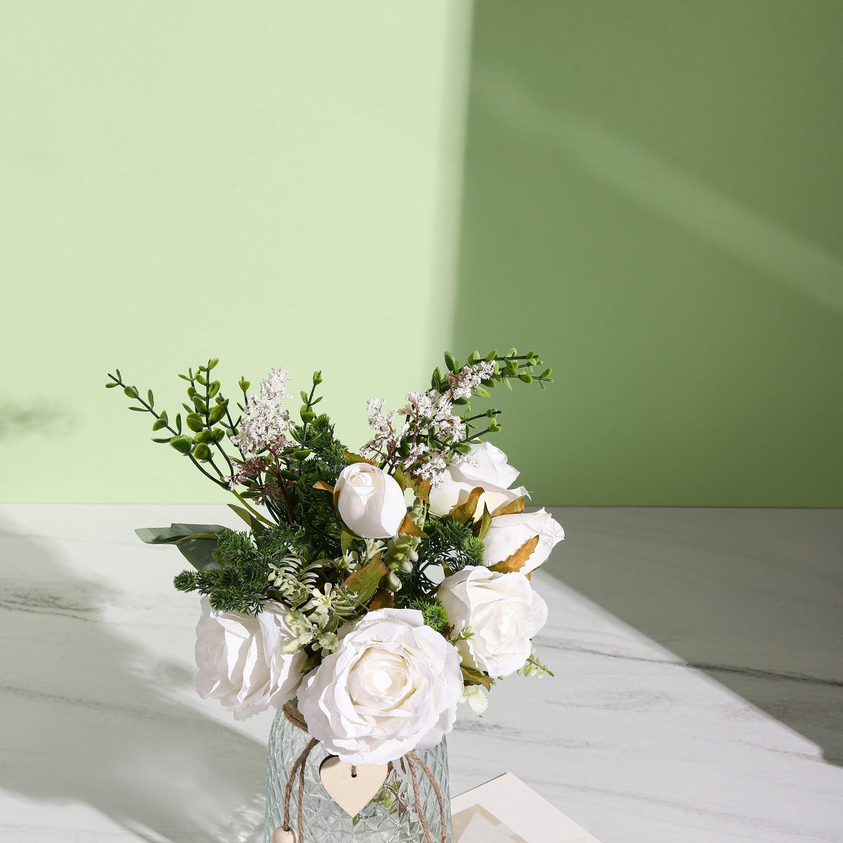 Flojery 2 Packs Faux Flowers in vase,Fake Flowers with Vase, Artificial Silk Roses in Vase, Artificial Flowers in Vase, Faux Flower Arrangement with Vase for Farmhouse (White with vase)