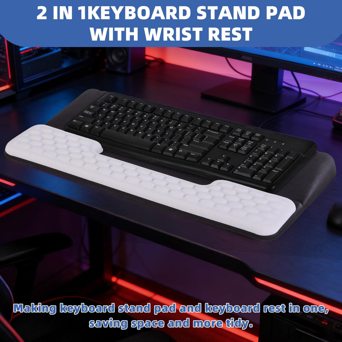 Keyboard Stand with Wrist Rest,Ergonomic Wrist Pad Memory Foam Keyboard Riser Holder Tray with Non-Slip Base, Pain Relief for Work Study Game (Black and White)