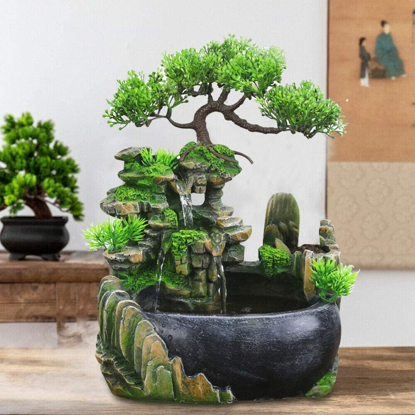 Rockery Stream Tabletop Fountain, Zen Meditation Indoor Waterfall Feature with Automatic Pump and Switch, Desktop Fountain for Home Office Bedroom Decoration (B)