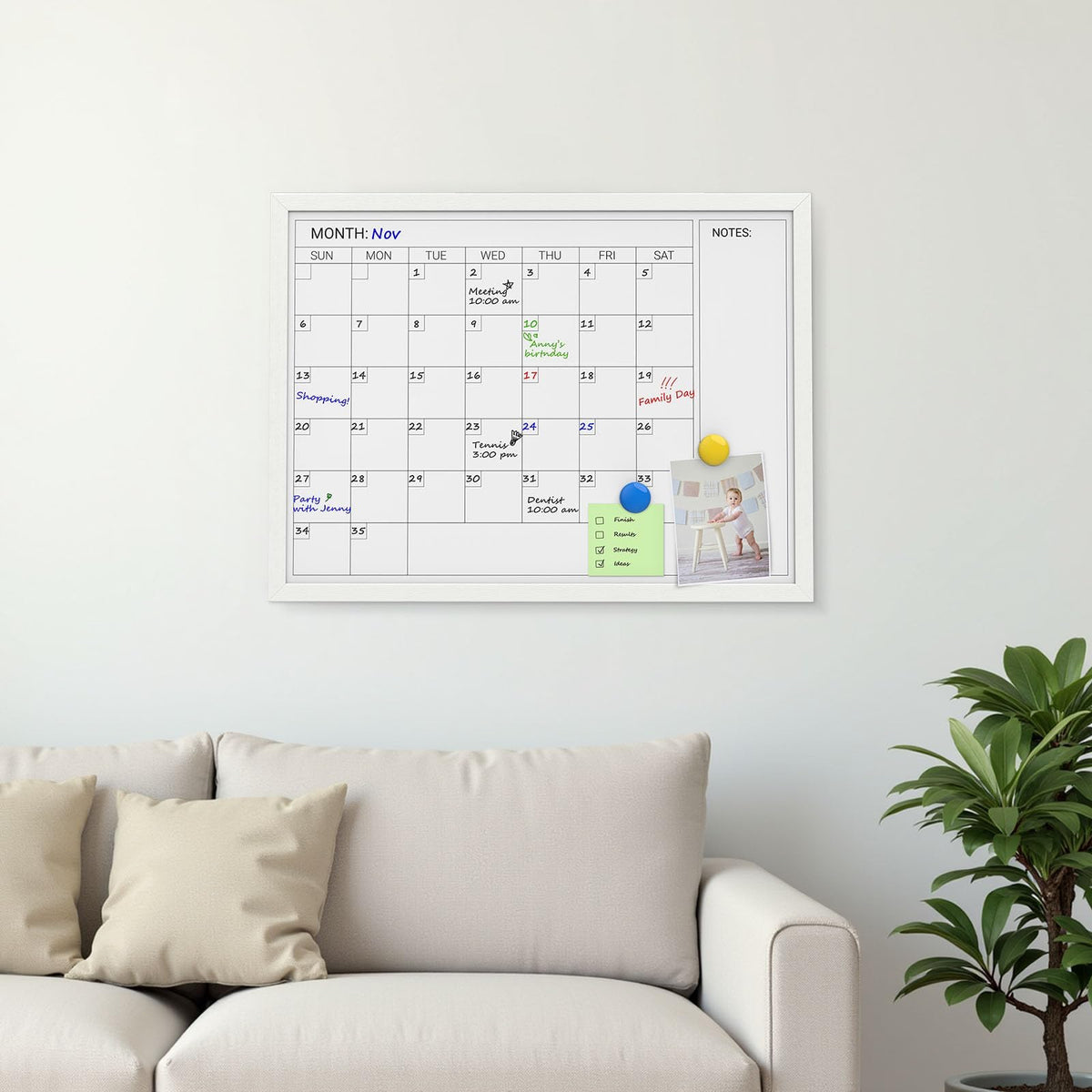 Comix Dry Erase Calendar for Wall, Magnetic Calendar Whiteboard with White Wood Frame, 24 * 18 inches Decorative Planner Board for Office, Kitchen, School, Home