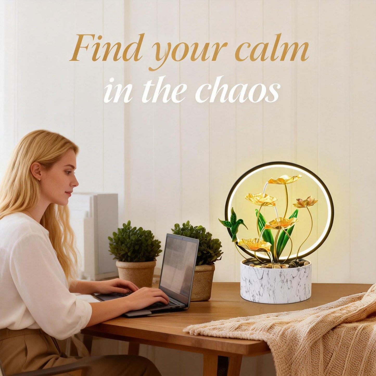 Romway 15" H Indoor Modern Tabletop Water Fountain LED Light, Yoga Meditation Room Mother's Day Decor Lotus Flower Floor-Standing Fountain