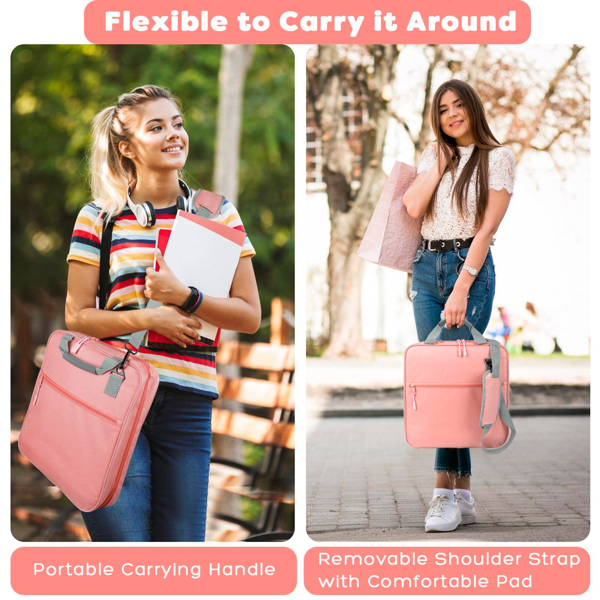ChezMax Zipper Binder 3 Ring with Lunch Box - Zipper Binder Organizer Bag with Shoulder Strap & Handle, 2 Inch O Ring Binders, Large 500 Sheet Capacity & Multi-Pocket Binders Bag Organizer, Pink