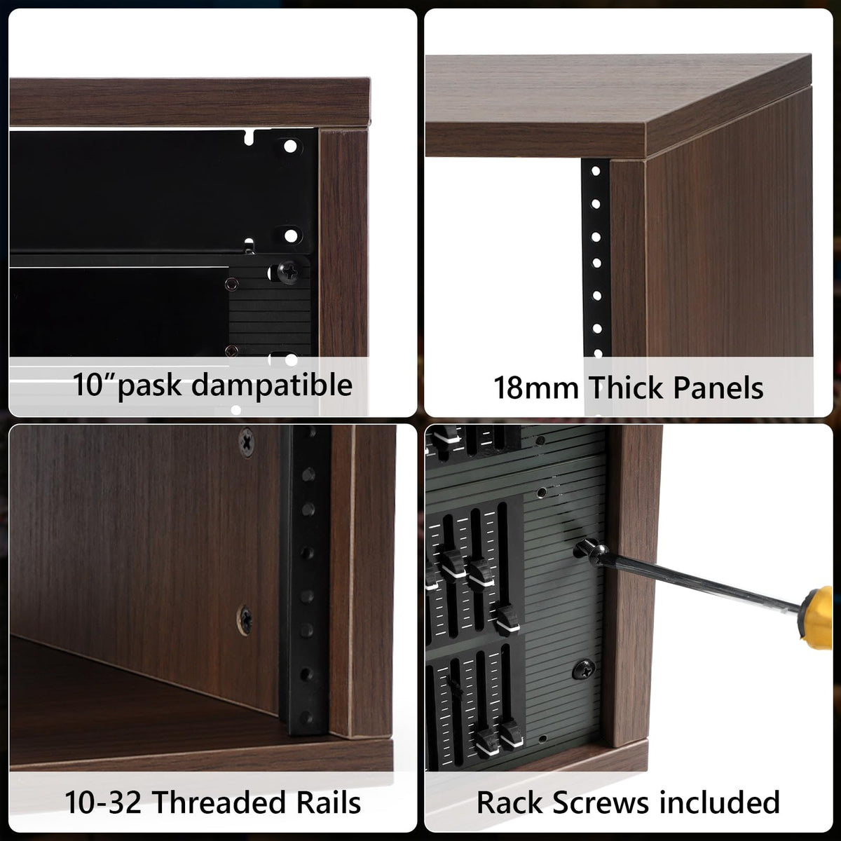 AcouZen Wooden Desktop Studio Rack, 19-Inch Rack-Mount Compatible, 373mm Usable Depth, Threaded Rails, Natural or Walnut, 2U-8U (Walnut Woodgrain, 8U)