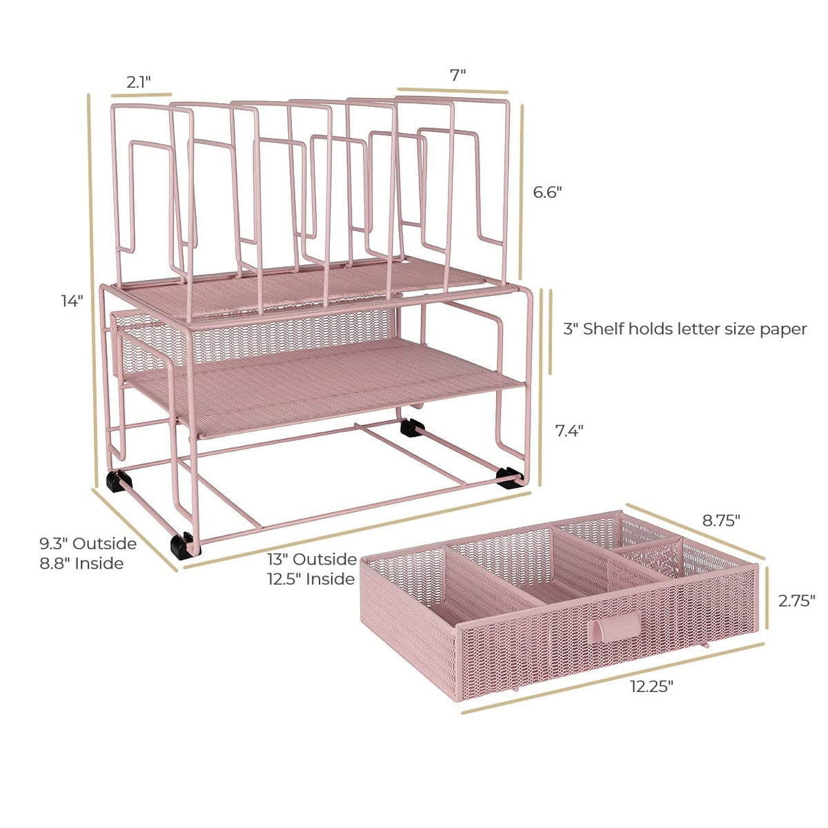 BLU MONACO | Pink Desk Organizer with Drawer | Wire Mesh Desk Organizer File Sorter | Metal Desktop Storage for Office Workspace