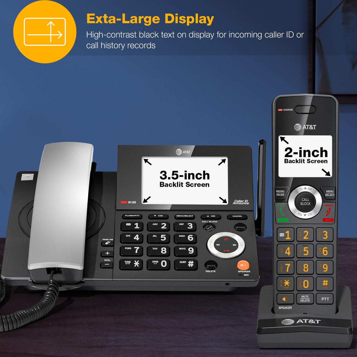 AT&T CL84218 DECT 6.0 Corded/Cordless Phone System with Smart Call Blocker, Answering Machine & 2 Handsets Long Range, Big Buttons for Seniors, Charcoal Black
