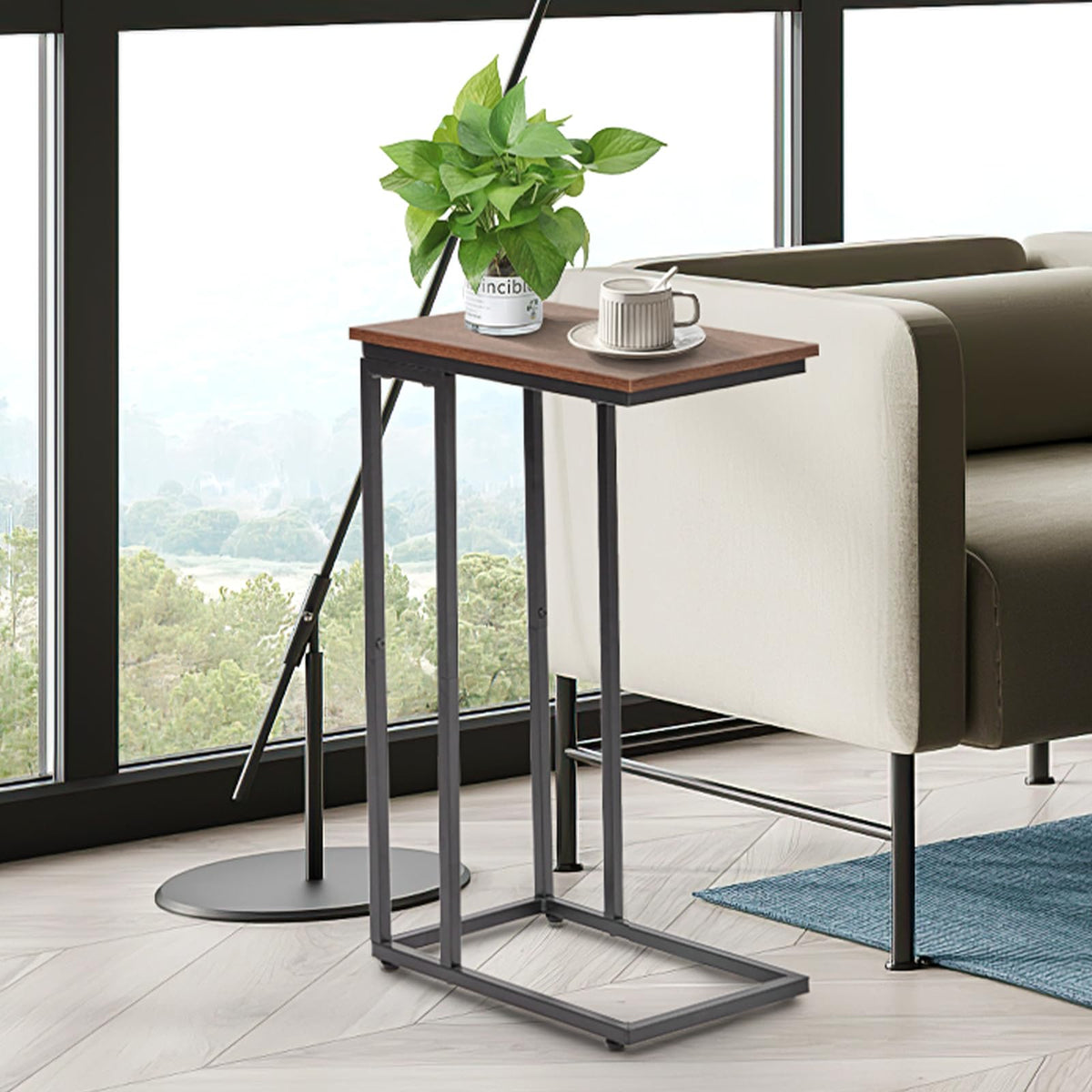 fusehome C-Shaped End Table, TV Tray Set of 2, Couch Side Laptop Table, for Living Room, Bedroom, Small Spaces, Rustic Brown and Black, 2 Pack