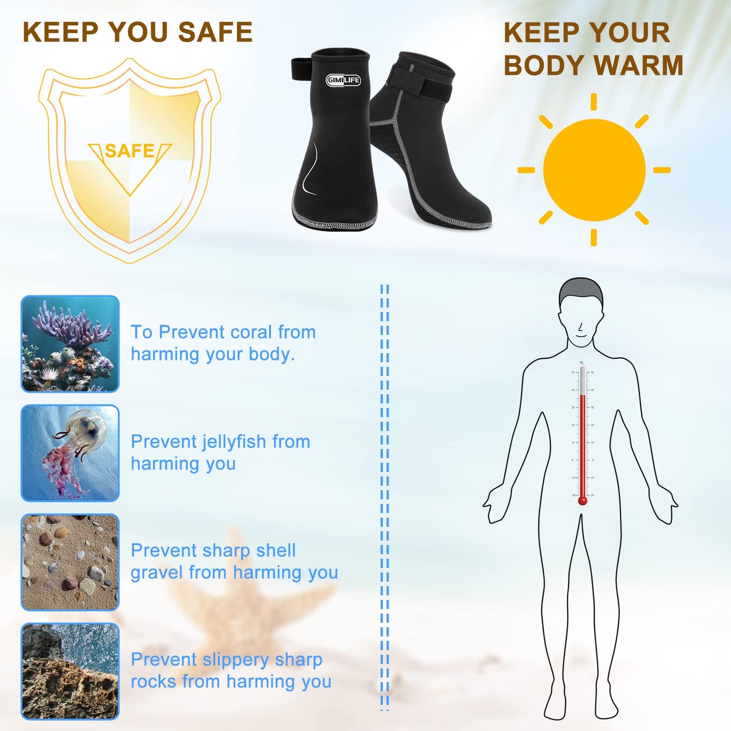 Gimilife Neoprene Socks, 3MM Water Socks for Women Men, Diving Wetsuit Sock for Beach Volleyball Snorkeling Surfing