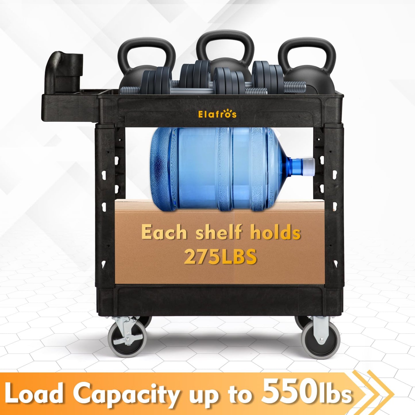 ELAFROS Utility Cart with Ergonomic Handle and Built-in Tool Compartments - 37.5" x 17" Work Cart W/Deep Shelves Safely Holds up to 550 lbs - 2 Tier Rolling Cart,Black