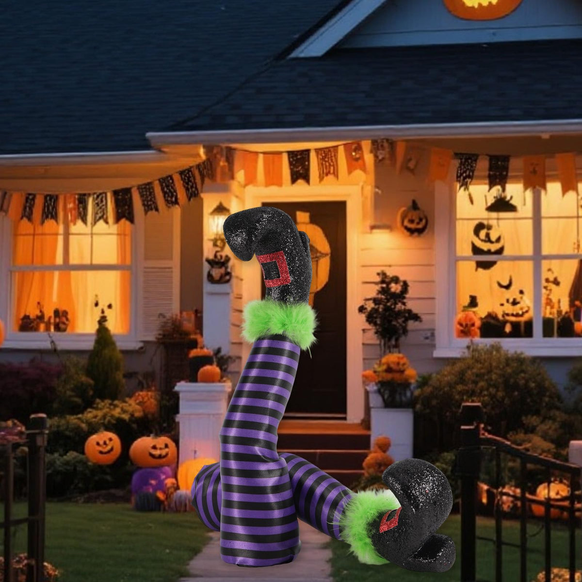 Fukaisu 2 Pcs Halloween Witch Leg Decorations with 2 Rods, Upside Down 3D Witch Legs Garden Stake Boots Decor with Purple Stripes for Lawn Garden & Indoor Halloween Shoes Decorations 