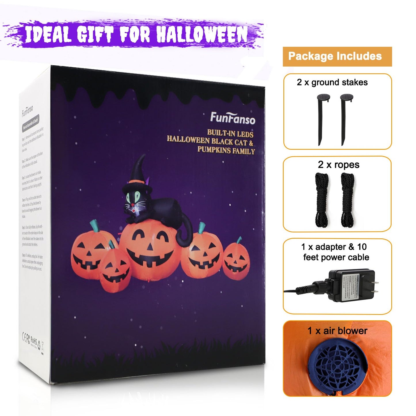 5FT Halloween Inflatable Pumpkin Outdoor Decoration, Lighted Blow Up Yard Decor, 5PCS Pumpkins with Witchâs Black Cat Built-in LED Lights for Balcony Home Holiday Party Lawn Patio Outside Events Prop
