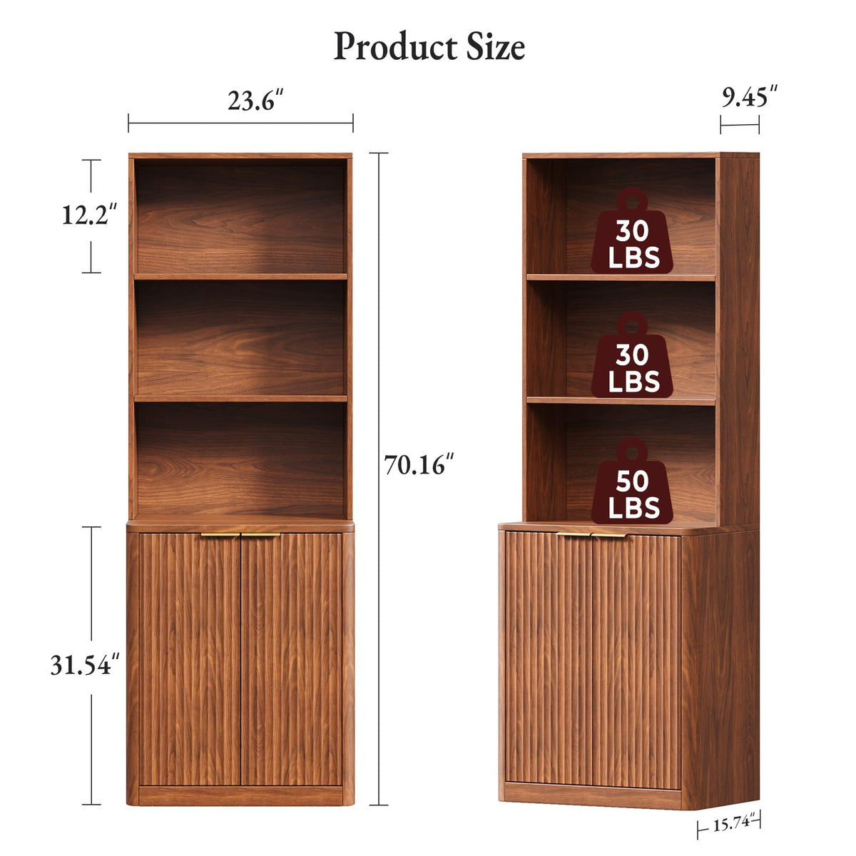Hootata 71" Walnut Bookcase with Doors, 5 Tier Fluted Tall Bookshelf with Storage, Librero with Cabinet for Home Office, Living Room,or Bedroom