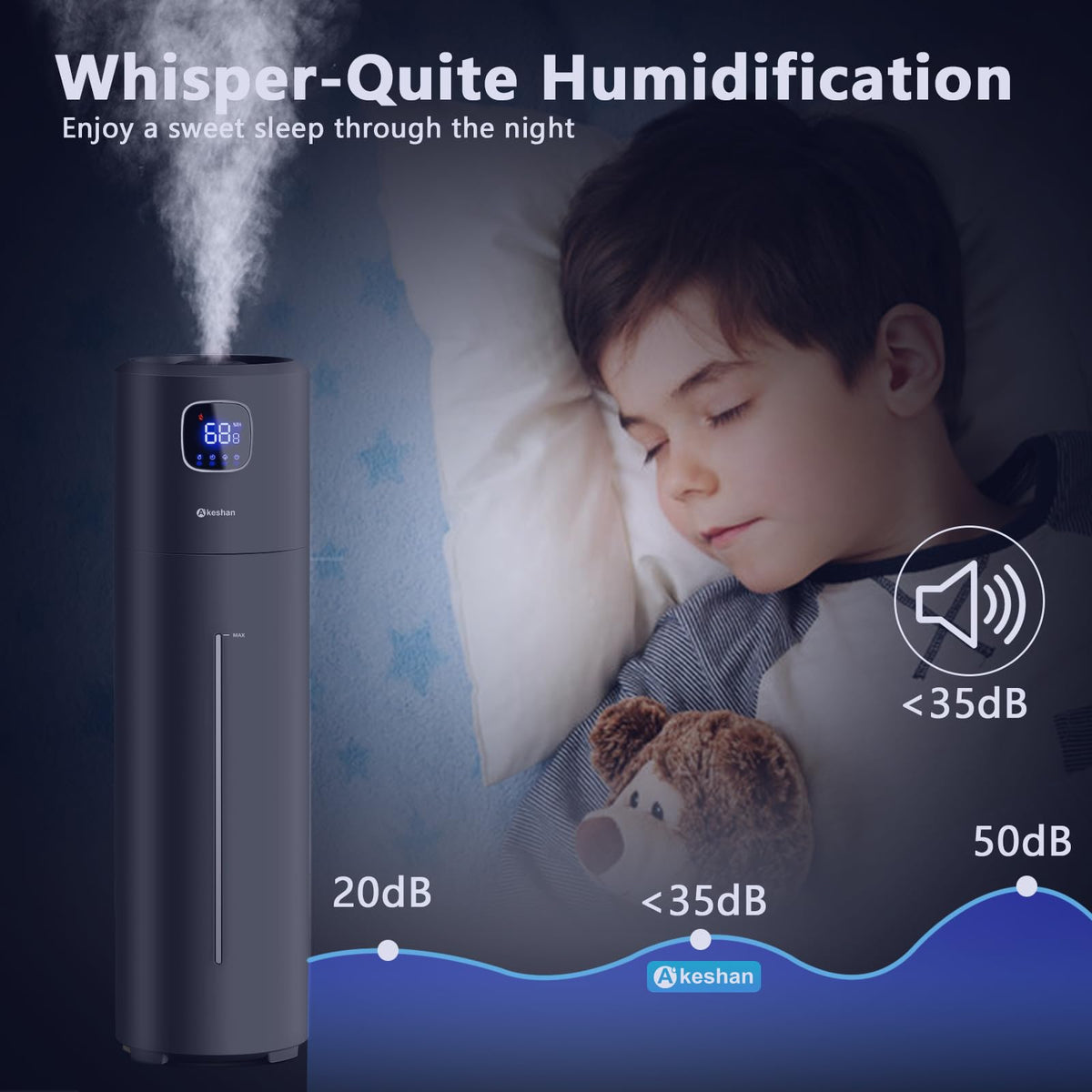 Akeshan Large Humidifiers for Bedroom, 9L/2.5Gal Ultrasonic Cool Mist, Top Fill Easy Clean with 350ML/H Mist Speed, Quiet, Suitable for Kids Room Plant Yoga Office Study Room Living (Black, Round)
