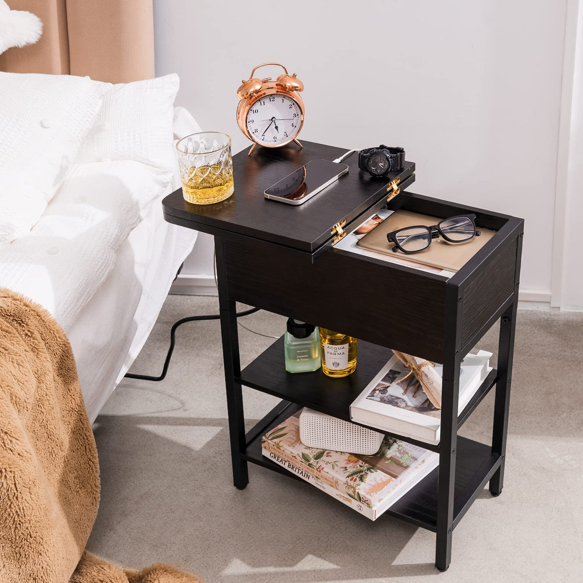 Yoobure End Table with Charging Station, Flip Top Side Table with USB Ports and Outlets, Sofa Couch Table Bedside Table for Living Room Bedroom, Narrow Nightstand with Storage Shelves for Small Space