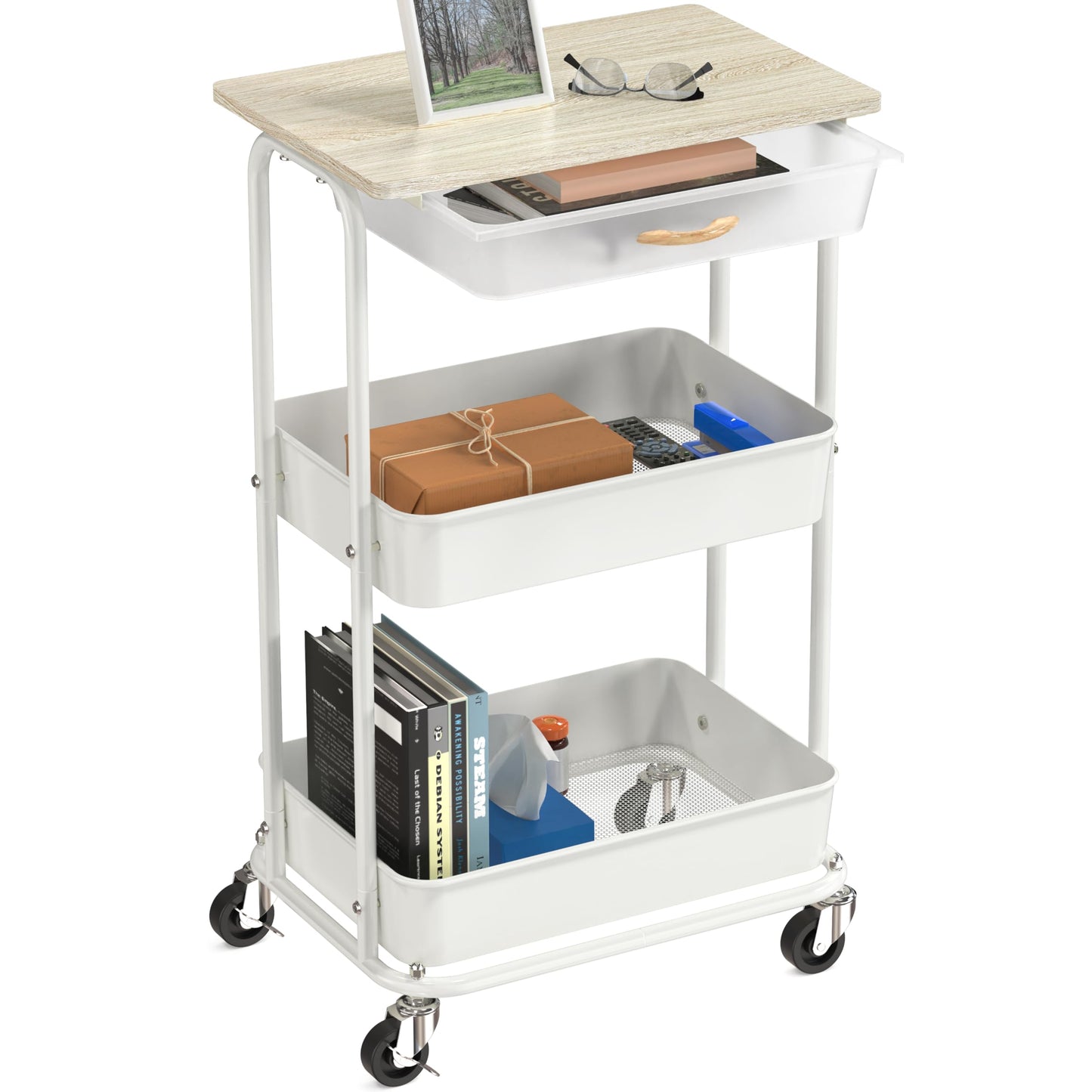 Simple Houseware 3-Tier Rolling Utility Cart with Drawer & Wood Tabletop - Mobile Sofa Side Table, Nightstand, Slim Storage Organizer Trolley for Bedroom, Bathroom, Office & Art Supplies, Maple