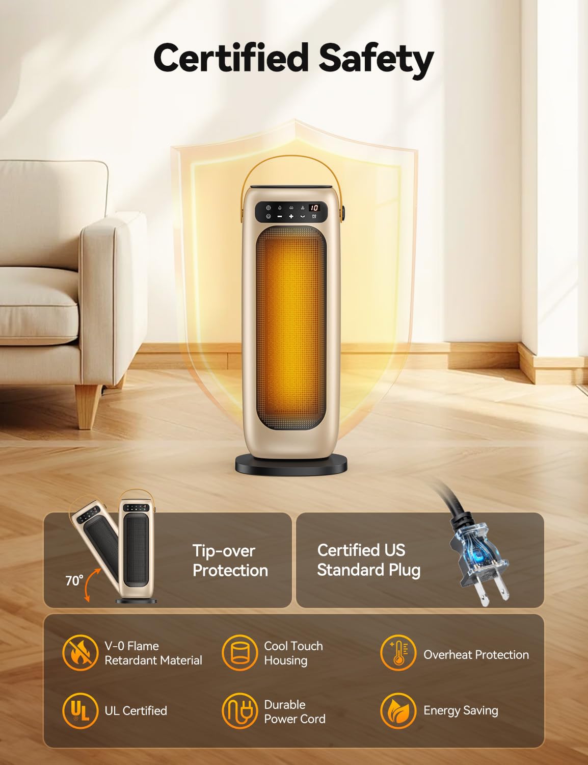 KQPZ Space Heater, 1500W PTC Ceramic Electric Heaters for Indoor Use with Remote, 4 Levels Room Heater with LED Touch Display, 110° Oscillation,10H Timer,Fast & Safe Portable Heater for Bedroom Office