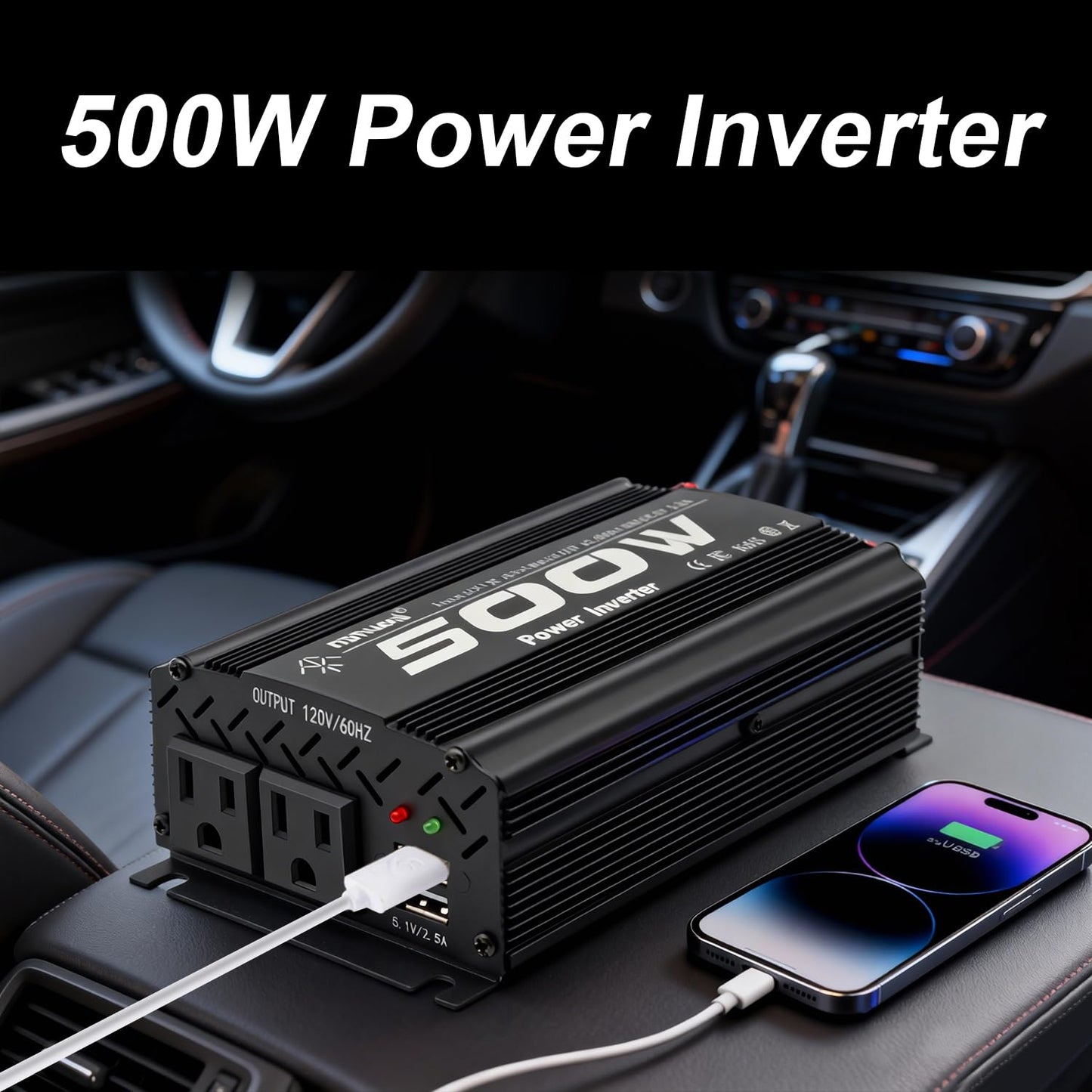 500 Watt Power Inverter car Inverter Rate 500W / Peak 1000W DC12V to AC 110V RV Inverter for Camping Charging Vehicle Power Inverter-Black(500W)