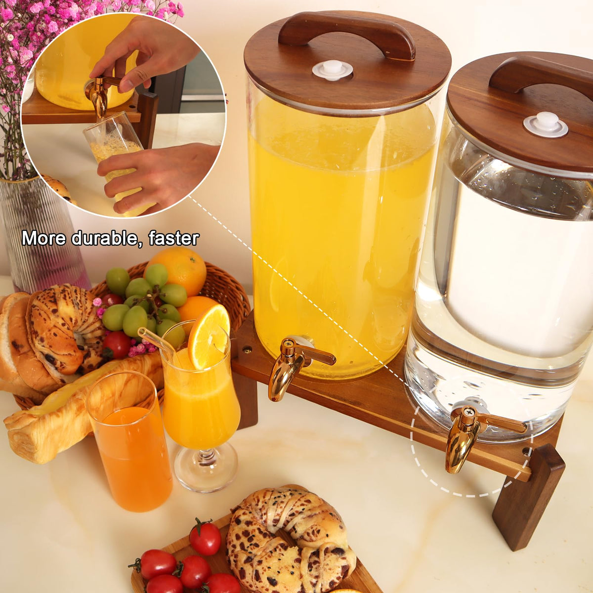 2PCS 1.6 Gallon Drink Dispenser,Glass Water Dispenser with Stand,Beverage Dispenser with Stainless Steel Spigot,Drink Dispensers for Parties,Bars,Restaurants
