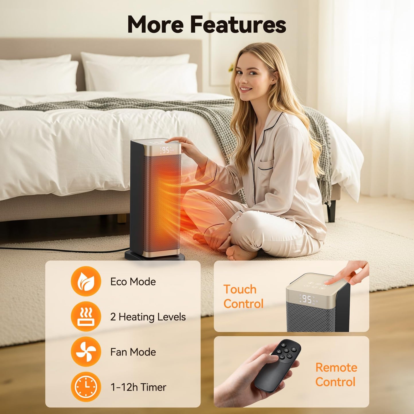 Space Heaters for Indoor Use, 1500W Electric Heater with Thermostat, 70° Oscillation, Remote Control, 3 Modes, 12H Timer, Portable Heater for Bedroom, Office, Home