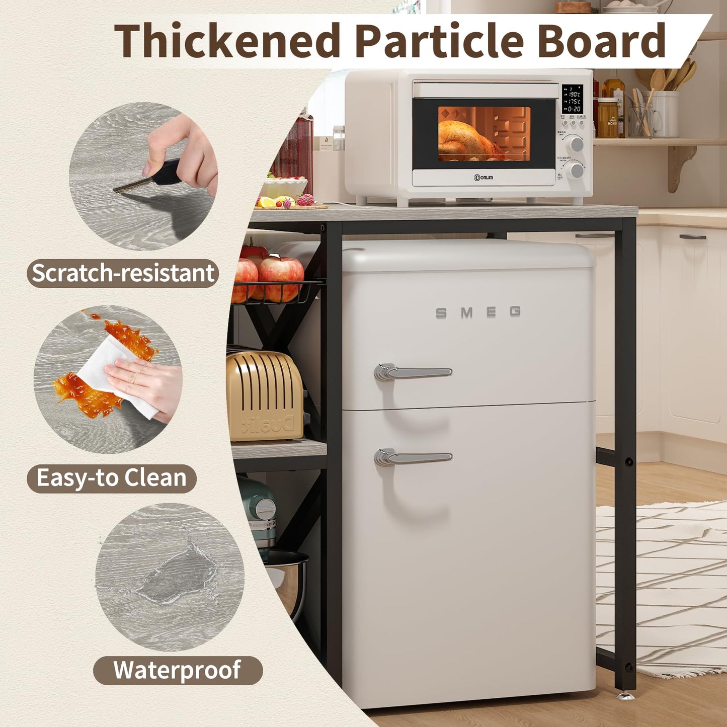 METYERRY Kitchen Bakers Rack with Power Outlet,Mini Fridge Cabinet with Mesh Basket, Mini Fridge and Microwave Table with Storage for Office,Kitchen,Living Room,Coffee Bar,Patio,Greige