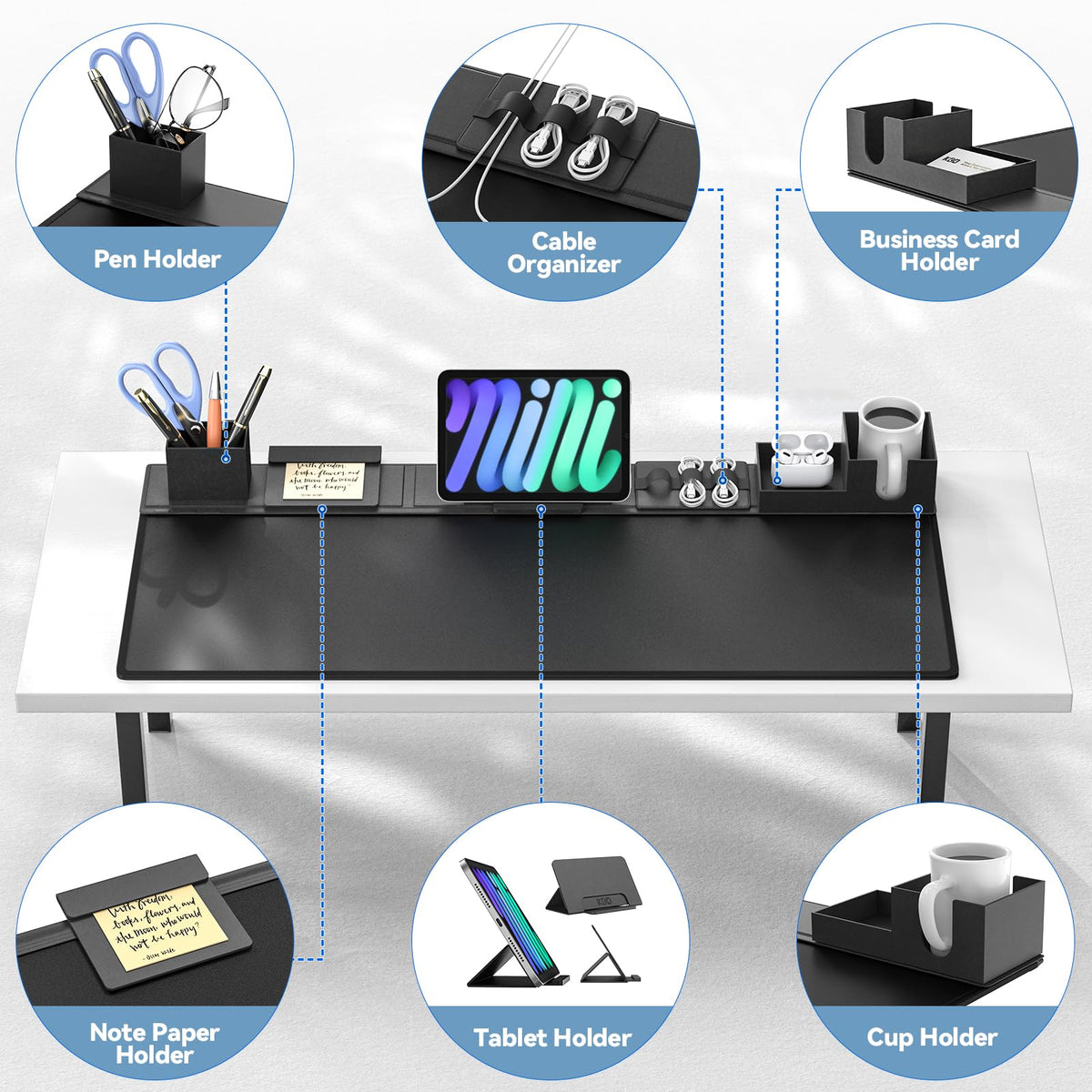 KDD Desk Pad Mat Set, 6 in 1 Mouse Mat with Magnetic Desktop Storage Accessories DIY Feature for Phone and Tablet Stand/Cup Holder/Pen Card Holder/Cable Management for Home Office Accessories