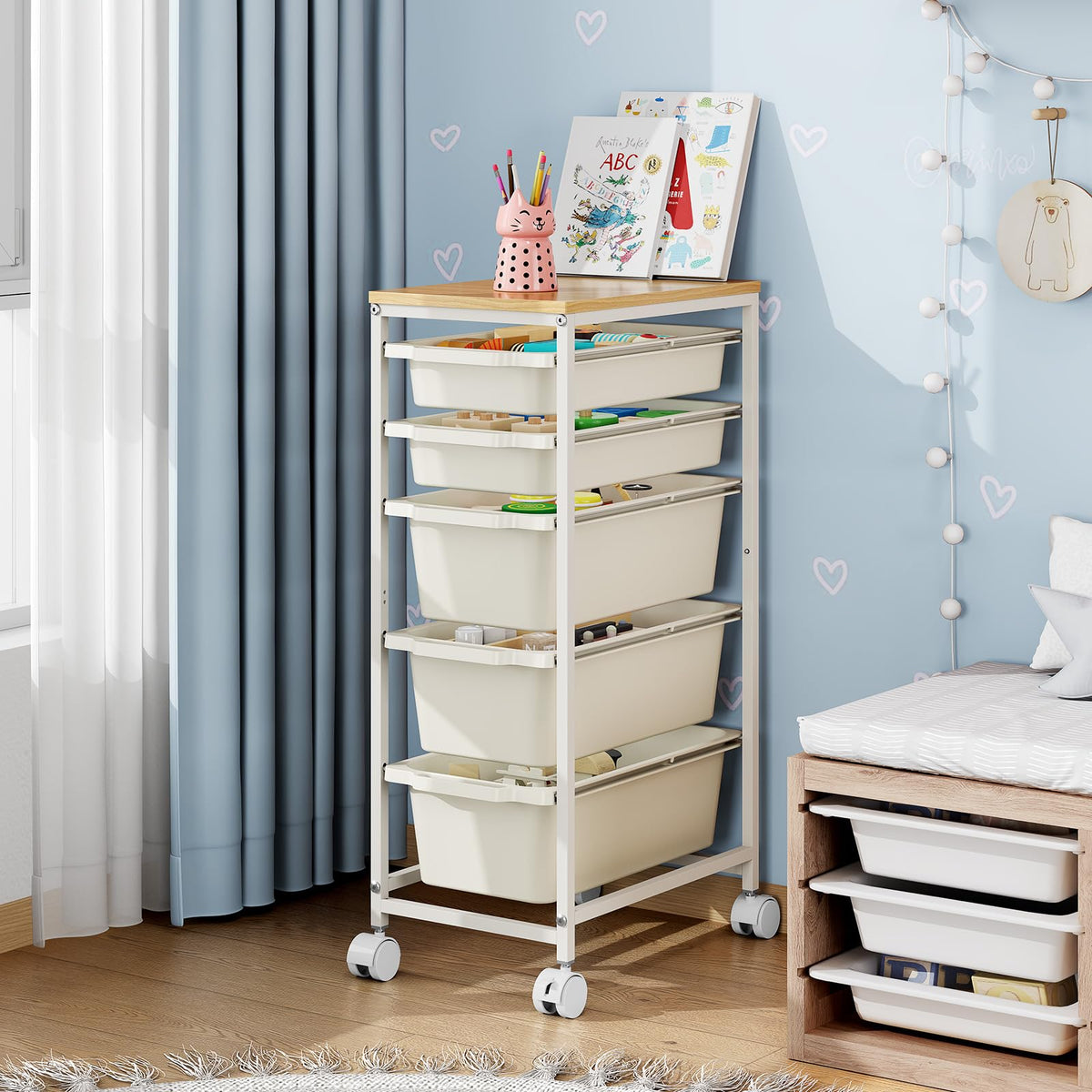 Rolling Storage Cart with 5 Drawers, Craft Organizer, Wooden Tabletop Utility Cart for Bedroom, Children's Room and Office Organization, Table Side Trolley with Lockable Wheels, White