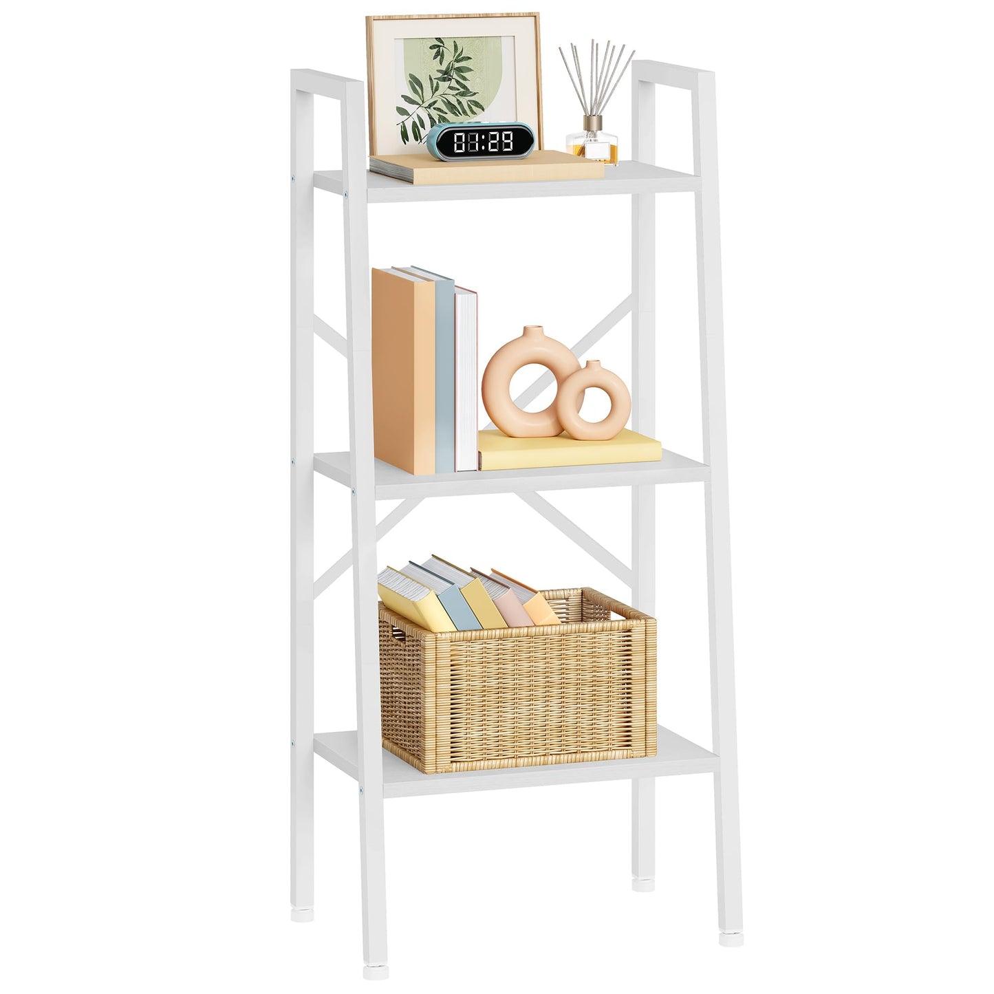Hoctieon 3-Tier Industrial Ladder Bookshelf, Narrow Ladder Shelf, Tall Standing Bookshelf, Skinny Open Ladder Shelf, for Living Room, Home Office, Kitchen, Bedroom, Metal Frame, White