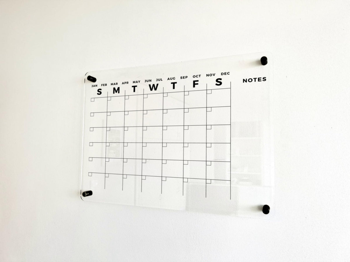 Horizontal Acrylic Dry Erase Calendar - Acrylic Monthly Wall Calendar with Marker, Family Organizer Board, Housewarming Gift (Black Standoff, 18"x14")