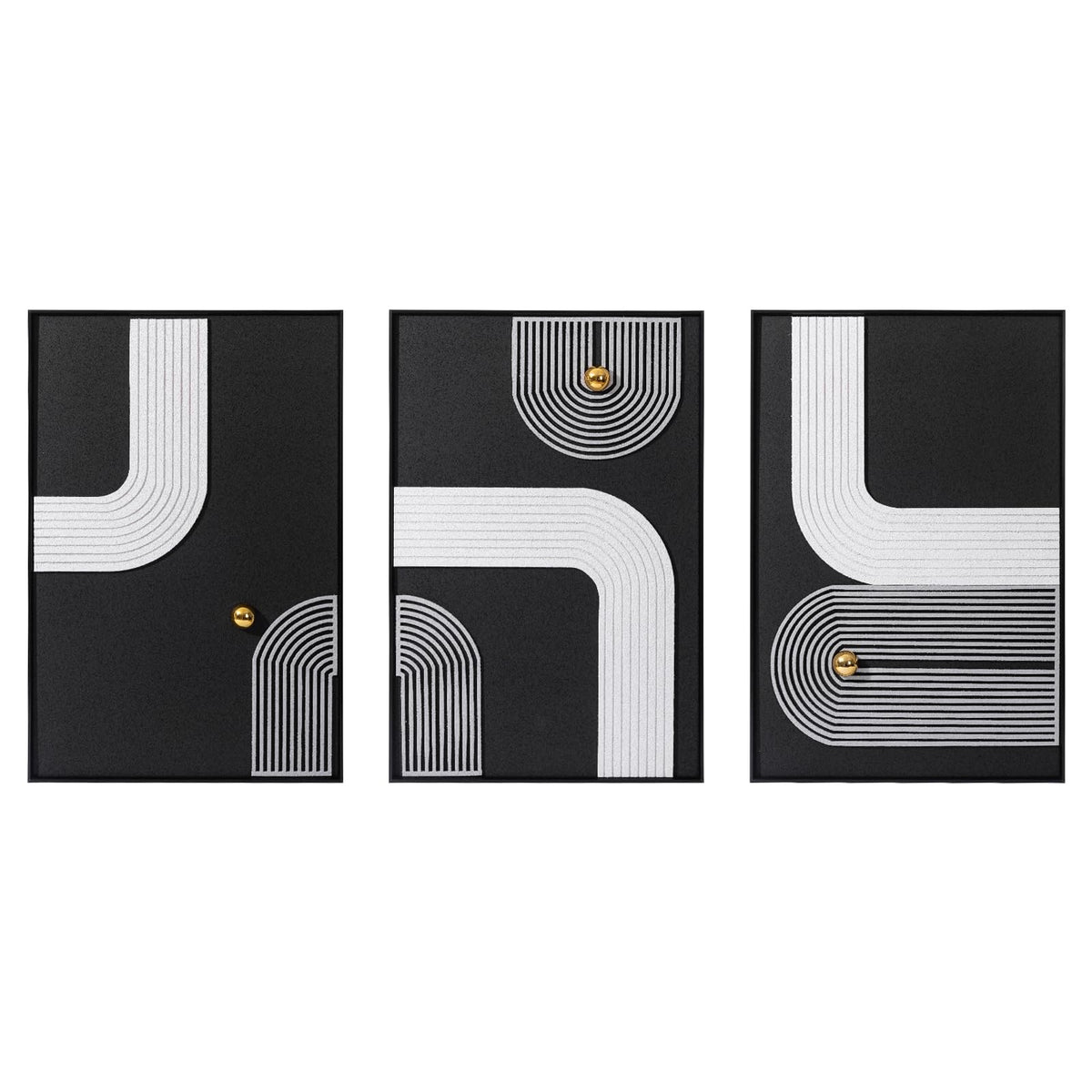 AMAATE 3 Pieces 3D Sandstone Wall Art, Black Metal Framed Abstract Geometric Wall Decor with Gold Spheres, Black White Texture Luxury Relief Paintings for Living Room Bedroom Office, 16x24 Inches, Ready to Hang