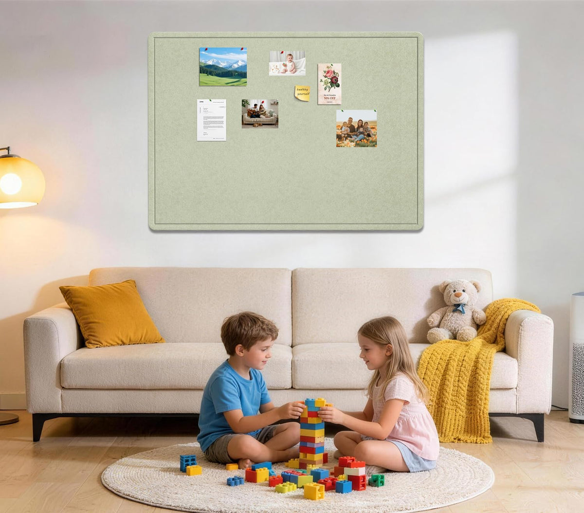 Bulletin Board, 23.5 X 17.5 inches Cork Board with 20 Pushpin, Felt Cork Board Notice Pin Board, Self-Adhesive Vision Board Mood Board Foldable Photo Board for Wall - Sage Green