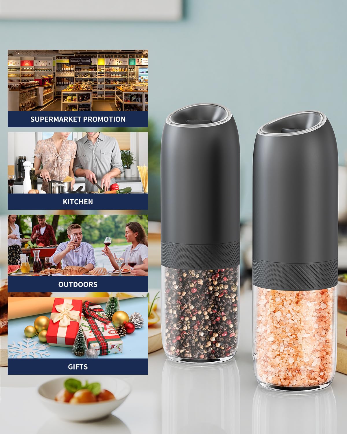 CIRCLE JOY Gravity Electric Salt and Pepper Grinder Set Battery Powered Automatic Pepper Mill Grinders with 176ml Container, Adjustable Coarseness, Bright LED Light and One Hand Operation, Black