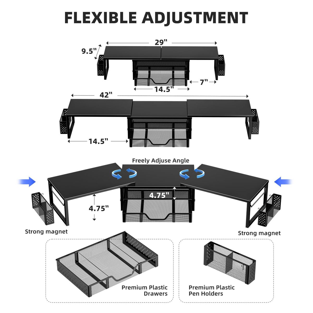 Simple Trending Desk Organizers and Accessories, Dual Monitor Stand Riser with Drawer and 2 Pen Holder, Shelf for Top of Desk, Black