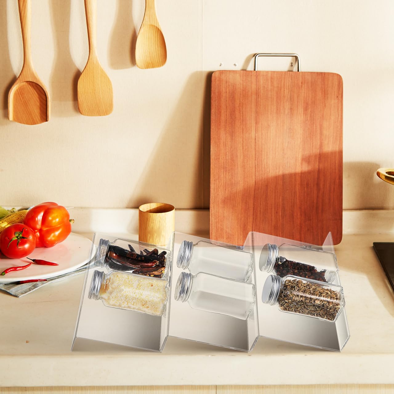 Cabilock 4 Pack Expandable Spice Drawer Organizer, Clear Acrylic Seasoning Rack for Kitchen Cabinet, 4-tier Tiered Tray Insert, Adjustable Wide Storage for Jars, Condiments & Nail Polish