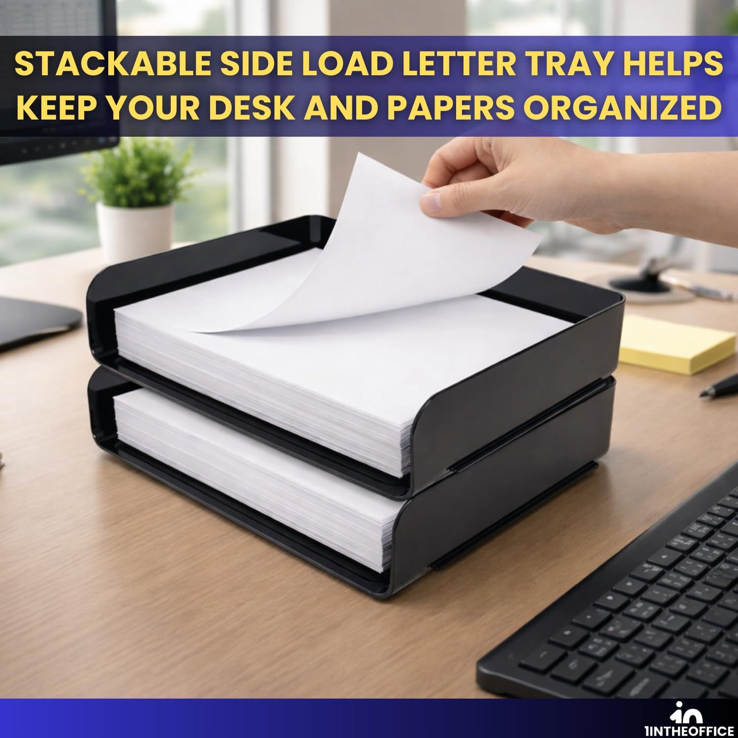 1InTheOffice 2-Tier Letter Tray Desk Organizer, Stackable, Side Load, Black, 2 Pack