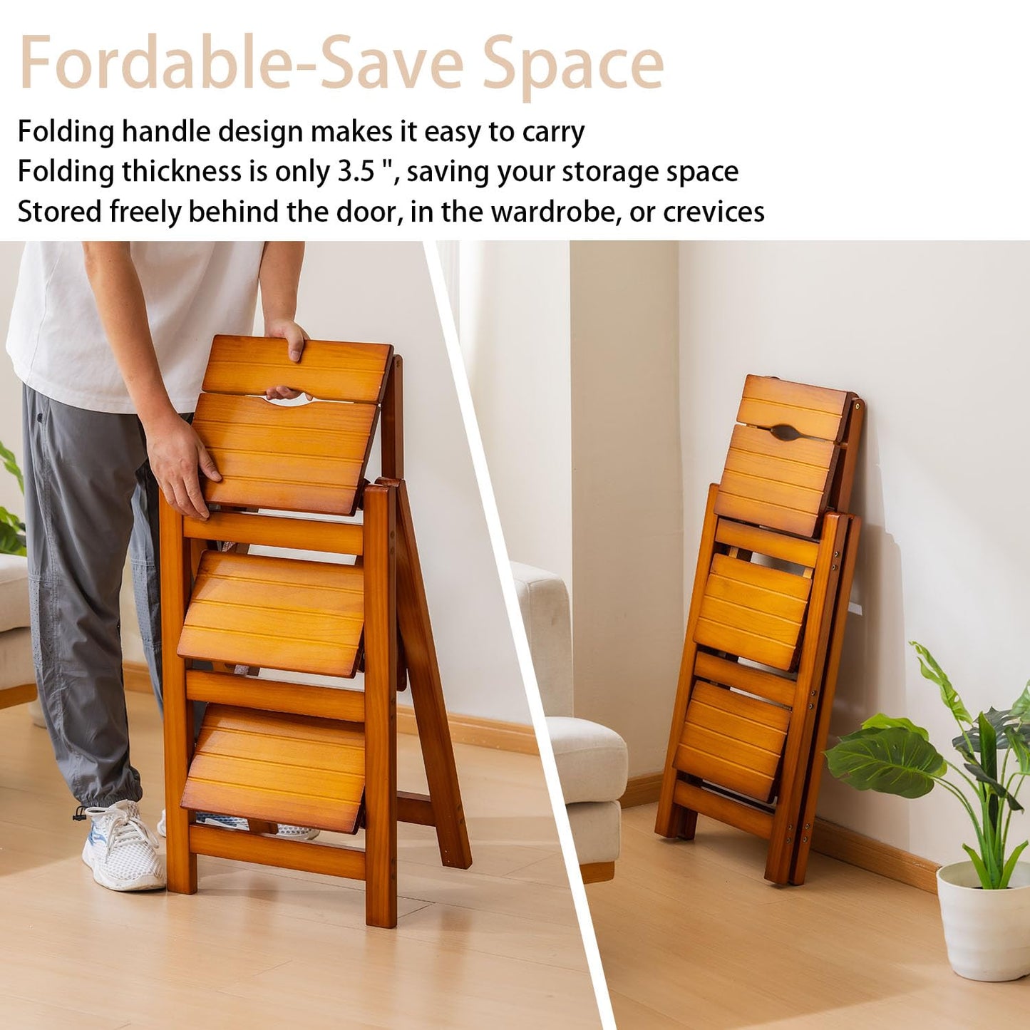 Latifolia Foldable 3 Step Ladder, Wooden Step Stool with Floor Saver, Decorative Ladder Shelf for Living Room, Kitchen, Garden(Walnut)