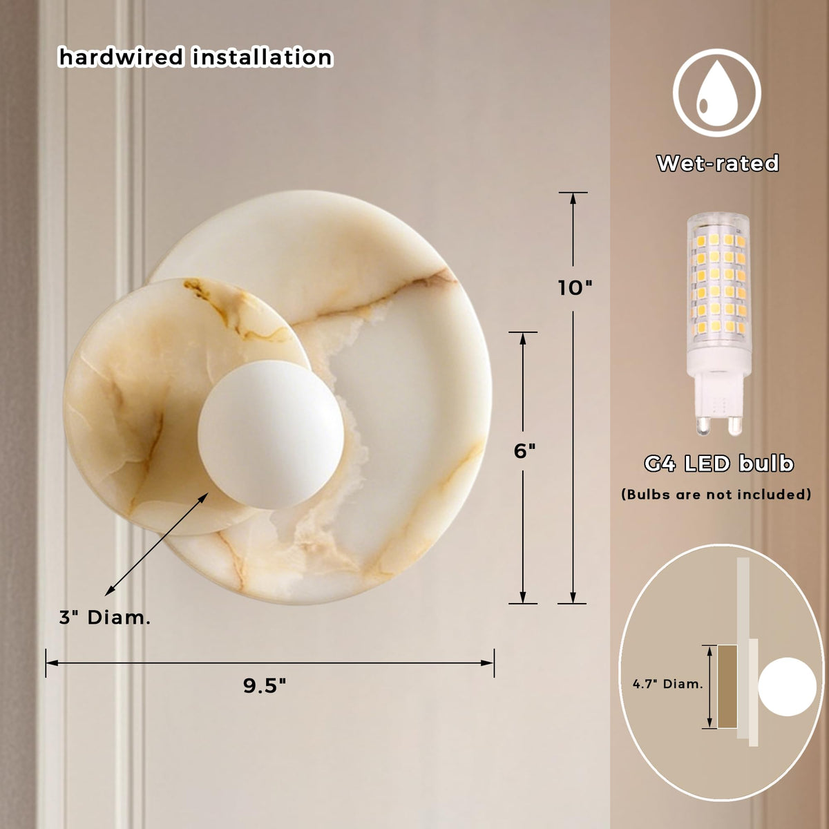 Opaline Cream Sculpture Wall Sconce, Natural Cream Onyx Wall Sconce, Wall Lights for Living Room, Bathroom, Bedroom, 6" Dia x 9.75" h