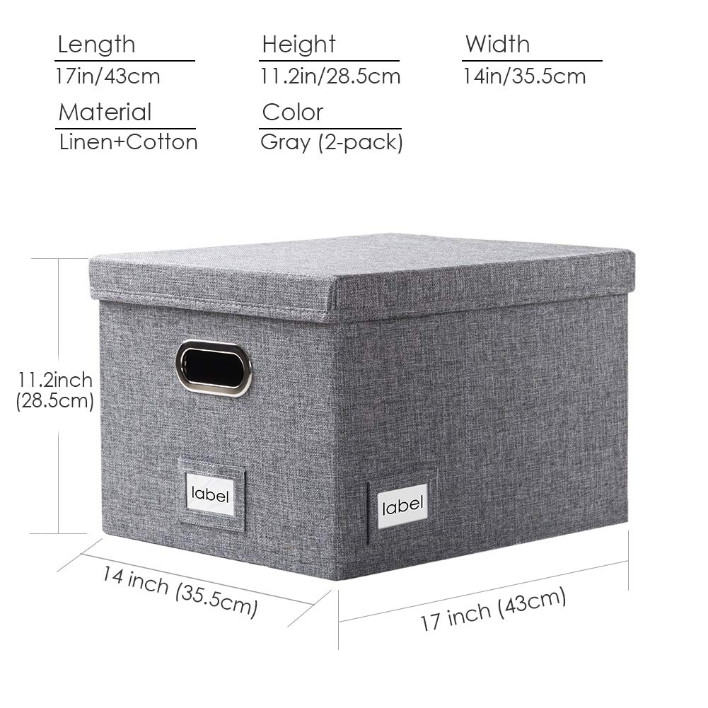 PRANDOM File Organizer Box - Set of 2 Collapsible Decorative Linen Filing Storage Hanging File Folders with Lids Office Cabinet Letter/Legal Size Grey (17x14x11.2 inch)
