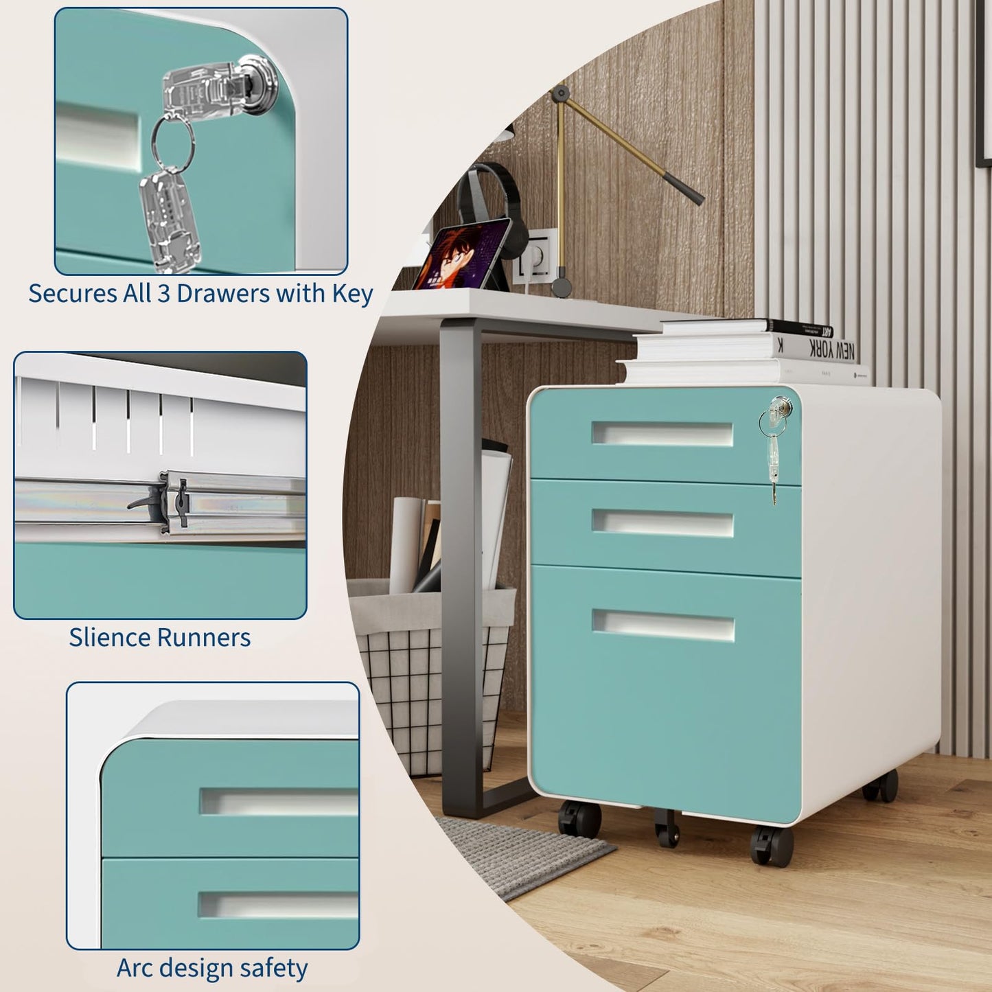 Garvee 3 Drawer File Cabinet with Lock, Under Desk Metal Mobile Filing Cabinet for Home Office, 5 Wheels Anti-Tipping Rolling File Cabinets for A4/Letter/Legal Size, Fully Assembled, Blue