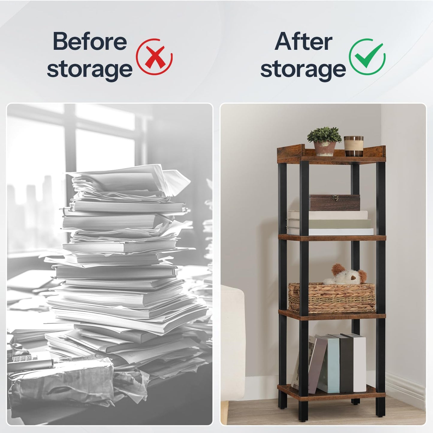 HOOBRO Small Bookcase, Industrial Style Bookshelf for Narrow Spaces, 4-Tier Square Book Shelf Stand, Wooden Storage Rack Display Shelf, Corner Shelf for Living Room, Rustic Brown and Black BF08CJ01