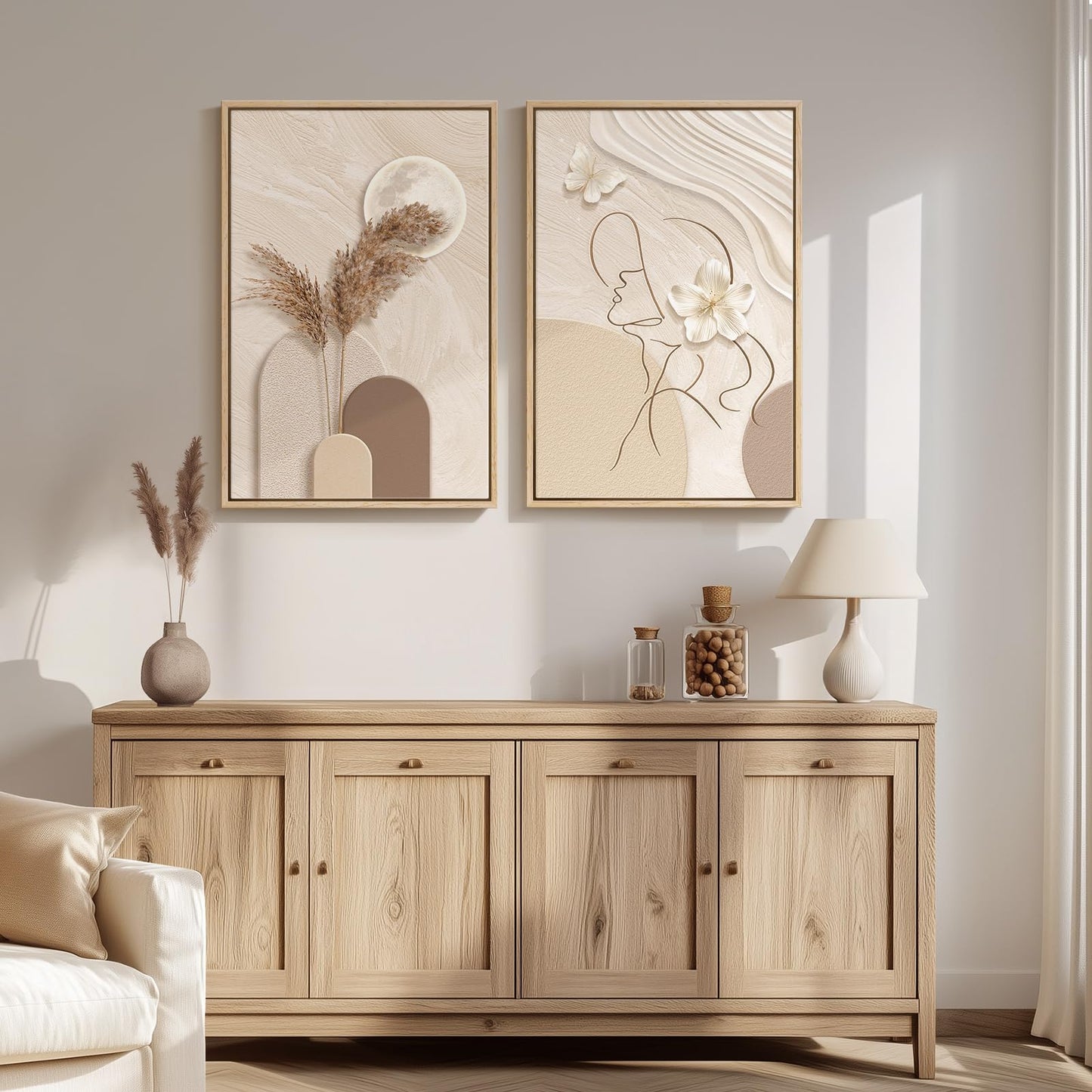 Large Framed Neutral Abstract Wall Art for Living Room, Set of 2 Modern Warm Beige and Taupe Canvas Artwork for Walls, Woman Silhouette Paintings Prints Wall Decor for Bedroom Home Office, 20x30 Inch