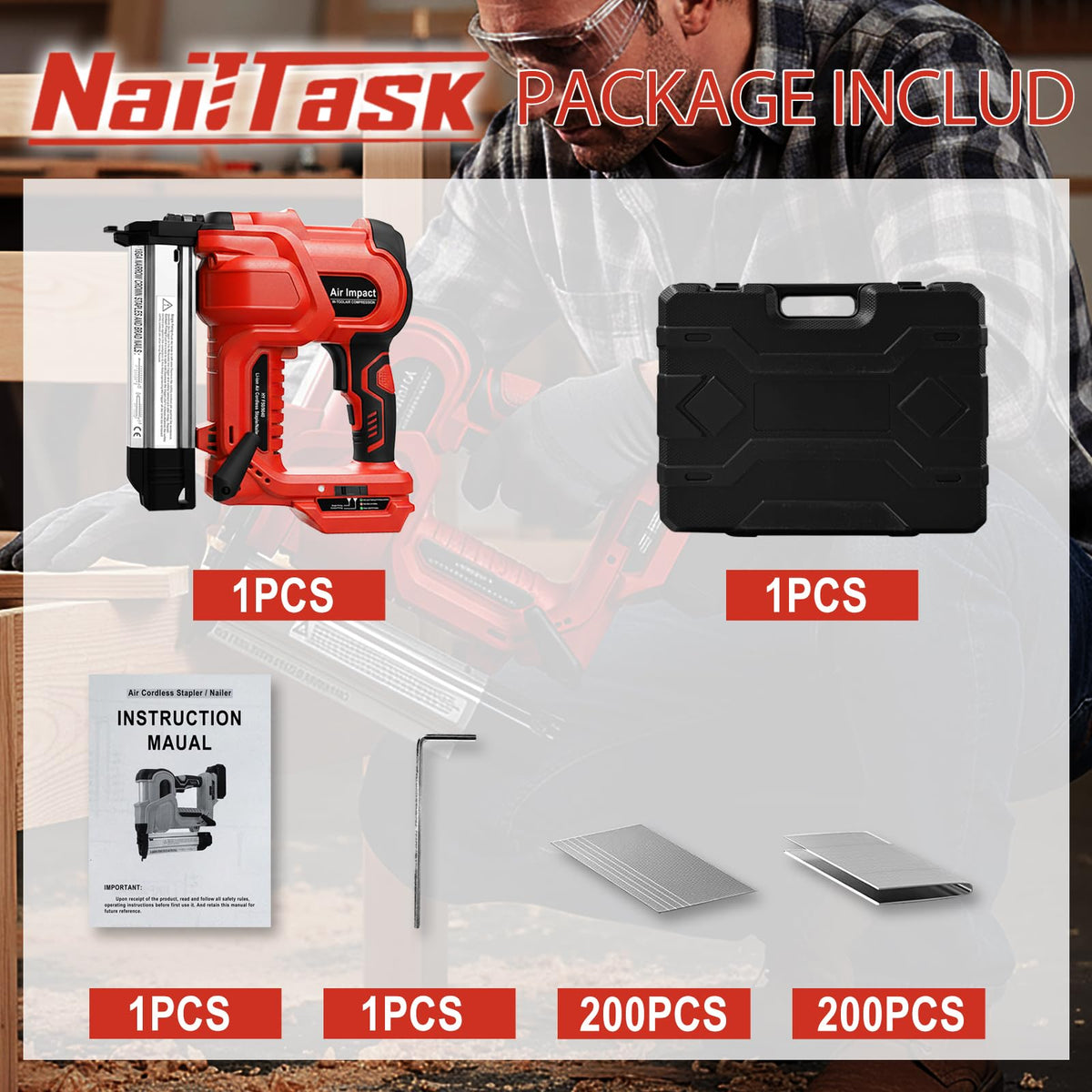 NailTask 20V 18 Gauge Cordless Nail Gun Safety Pin 2 Inch Power Brad Nailer with 18GA Machine Electric Staple 2 in 1 Gun Nails Kit for Wood Upholstery DIY Framing Home Improvement (No Battery)
