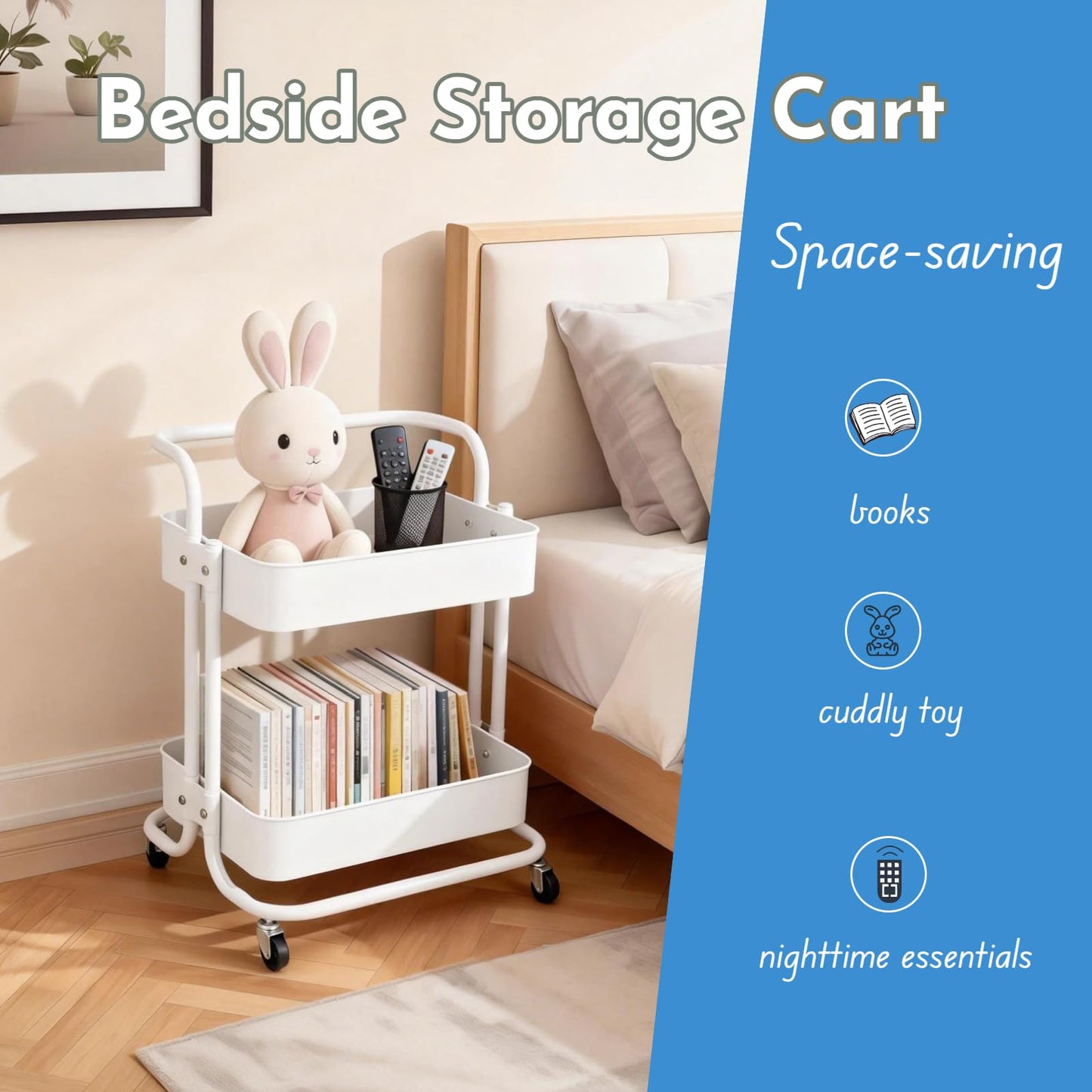 Ufriandz 2 Tier Cart with Wheels Under Desk Storage with Handle, Metal Rolling Pantry Cart for Kitchen White Small Rolling Basket for Laundry Room Bathroom, Utility Shelf Organizer for Small Space
