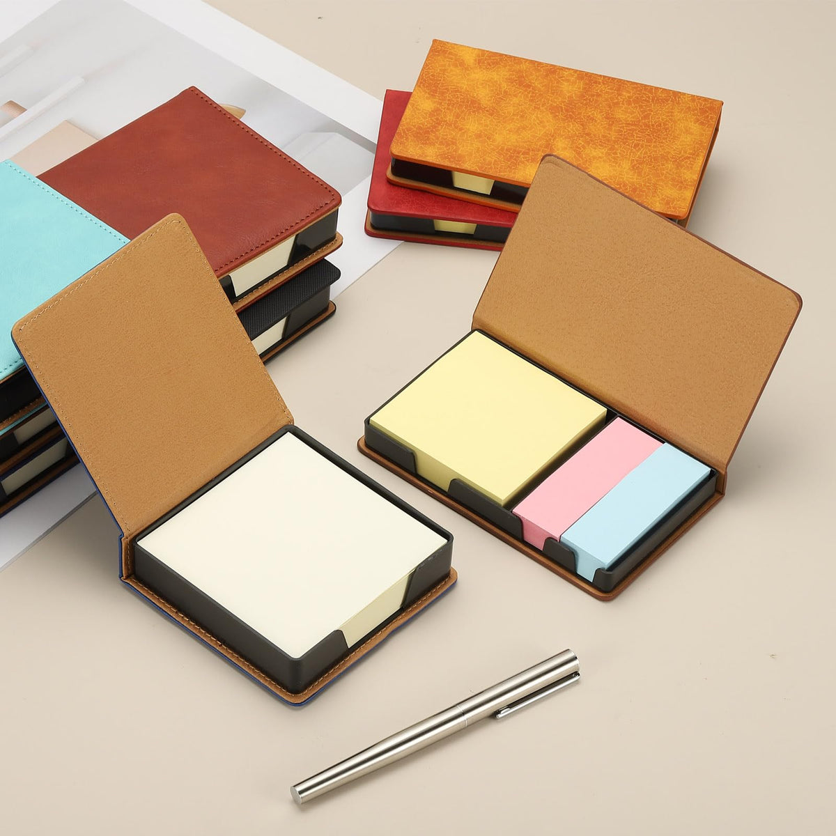 PATIKIL 140 Sheets Leather Sticky Notes Holder, 10in Post Notes Holder Storage Box Desktop Mini Square Case Business Card Holder Memo Pad Organizer for Desk Home Office Notebook, Red
