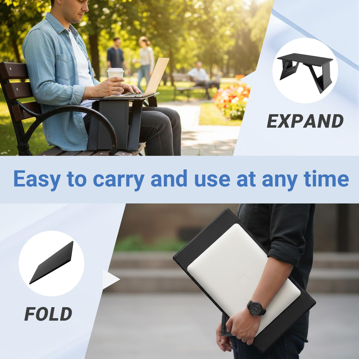 Leinuosen Foldable Laptop Desk Portable Lightweight Travel Laptop Table PU Leather Non-Slip Computer Retractable Desk for Bed, Car Sofa, Travel, Work