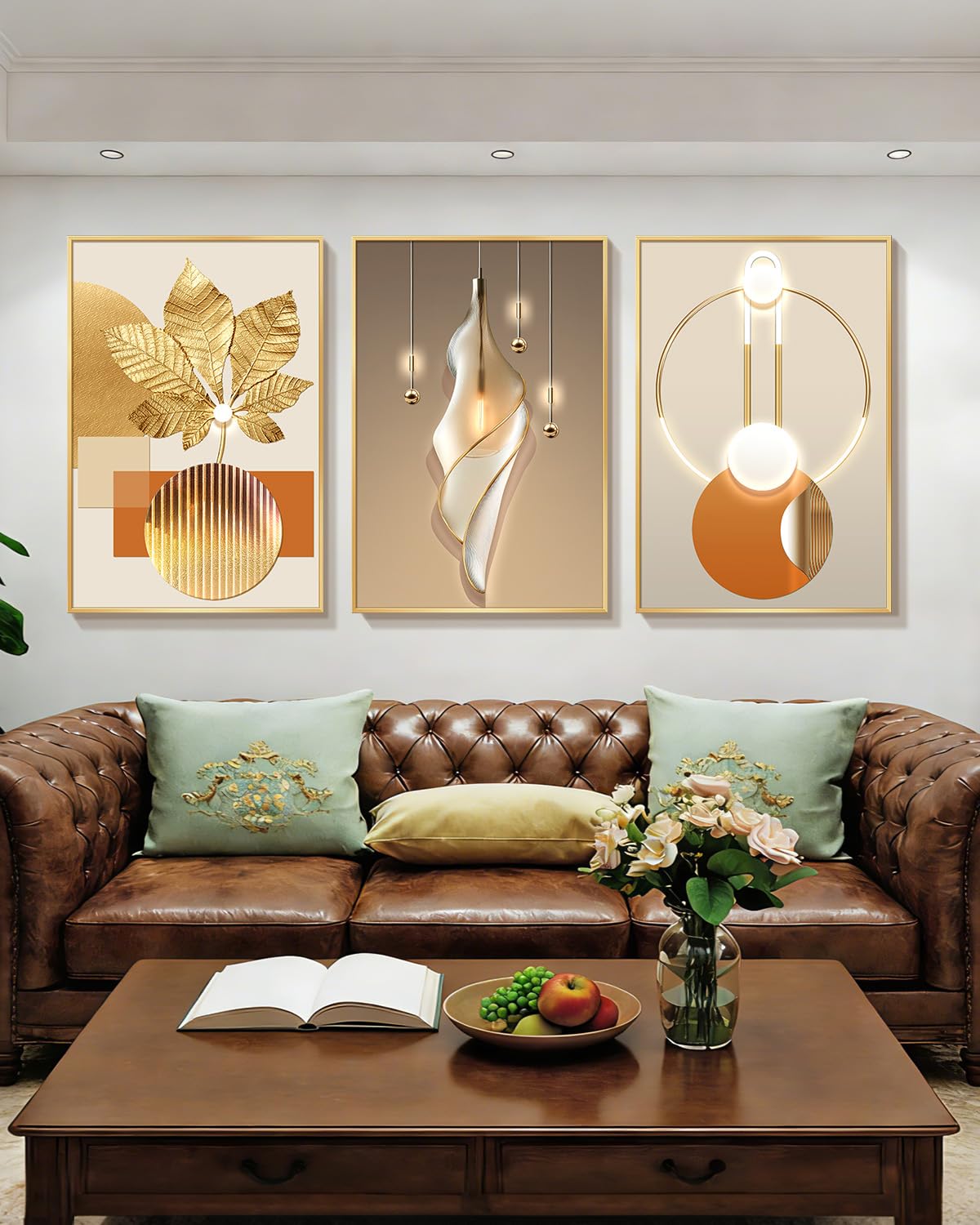 Azartslr Large Framed Modern Rose Gold Wall Art, Luxury 3 Pieces Aluminum Alloy Wall Decor for Living Room, Abstract Gold and Beige Home Bedroom Art Painting, Geometric Crystal Porcelain Artwork Dining Room Pictures Decoration 12x16in