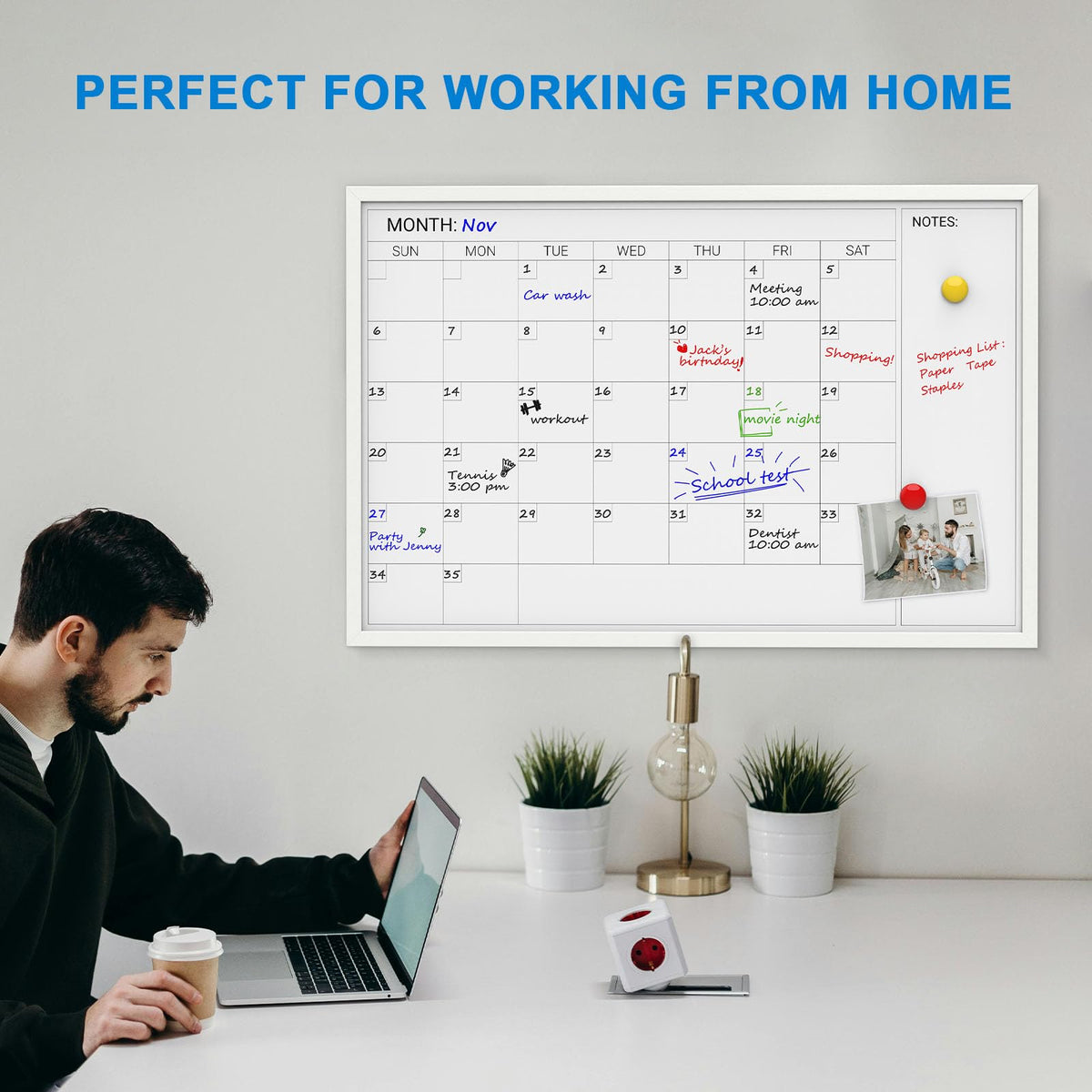 Comix Dry Erase Calendar for Wall, Magnetic Calendar Whiteboard with White Wood Frame, 36 * 24 inches Decorative Monthly Planner Board for Office, School, Home, Kitchen