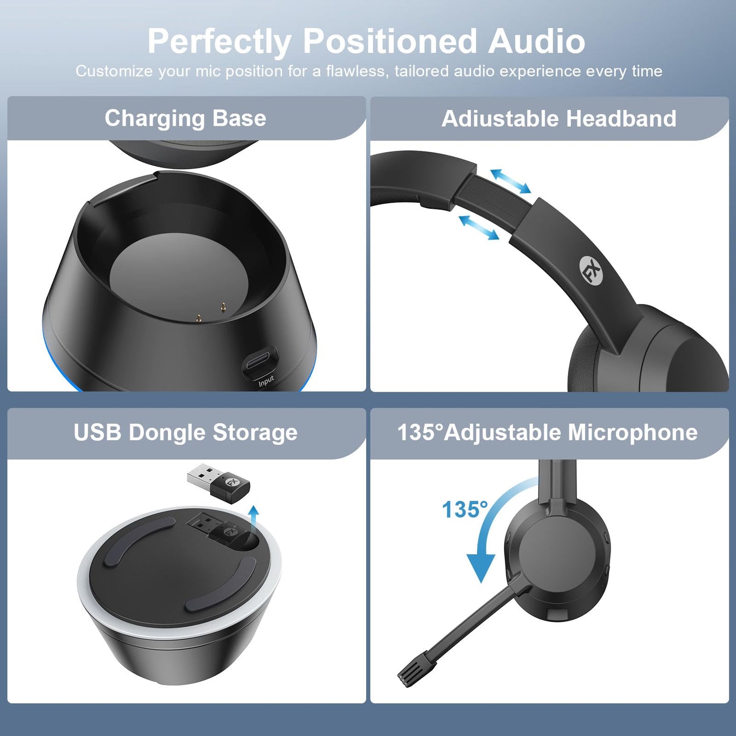 FXWONTY Wireless Headset, Bluetooth Headphones with Mic(AI Noise Cancelling), 65 Hrs Working Time with USB Dongle, Wireless Headset with Mic for Work from Home/Computer/Laptop/PC/Android