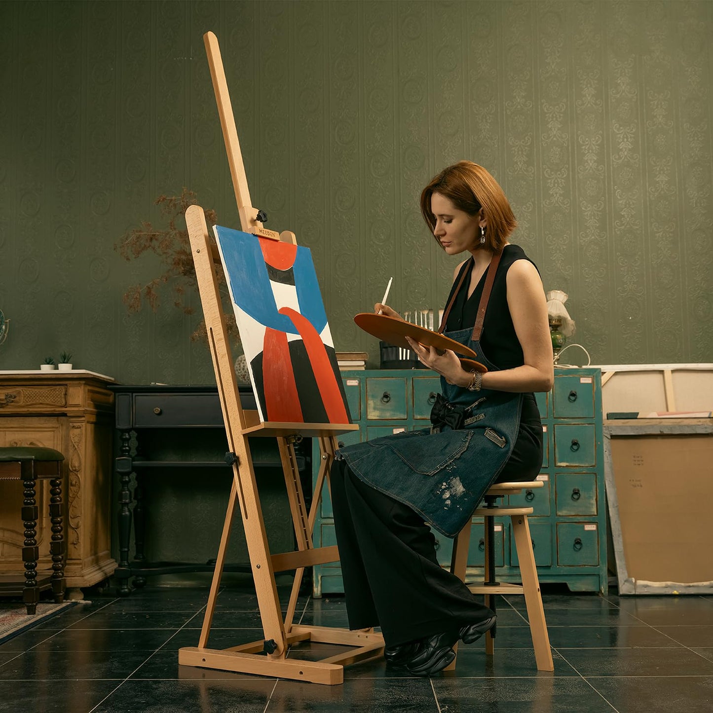 MEEDEN Art Easel for Painting - Heavy Duty H-Frame Artist Easel for Adults, Solid Beechwood Adjustable Studio Easel (69"-95"), Professional Wooden Floor Easel Stand Holds Canvases Up to 48"