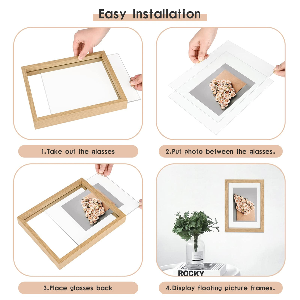 MUYE 8x10 Floating Frame Set of 2,Double Glass Rustic Photo Frame for Wall Hanging or Tabletop Standing,Display Any Size Photo up to 8x10,Natural