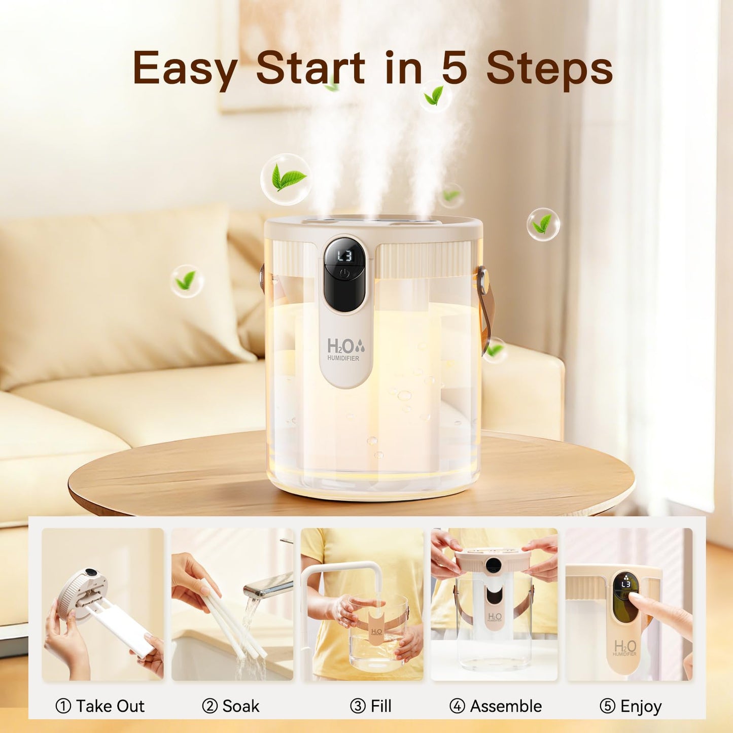 DIGIX Small Portable Humidifiers for Bedroom, 1.4L Top Fill Cool Mist Humidifier for Home Office Travel, 3 Mist Modes, Auto Shut Off, Night Light, Easy to Clean Quiet Humidifier for Baby Plant (Beige)